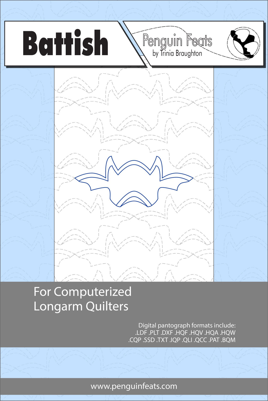 Pattern sheet for computerized longarm quilters with a bat design on a light blue background.