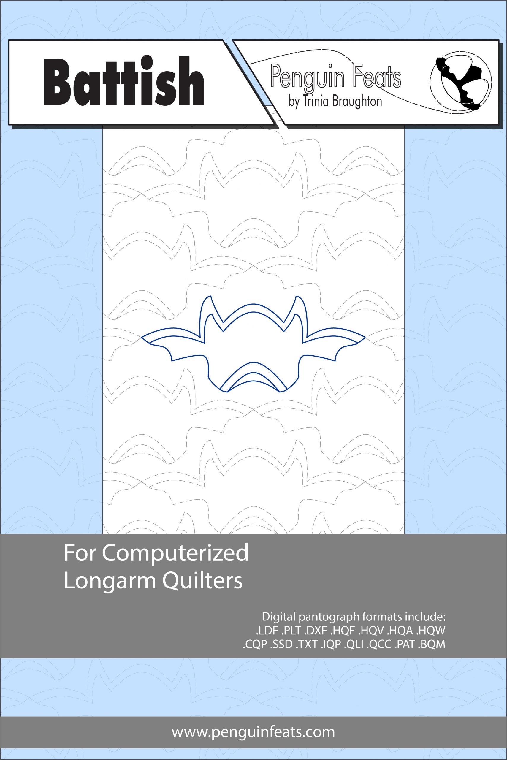Pattern sheet for computerized longarm quilters with a bat design on a light blue background.