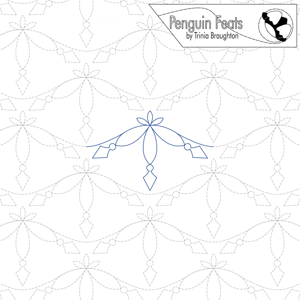 Decorative pattern with a blue bow in the center, branded 'Penguin Feats' by Trinia Braughton.