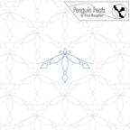 Decorative pattern with a blue bow in the center, branded 'Penguin Feats' by Trinia Braughton.