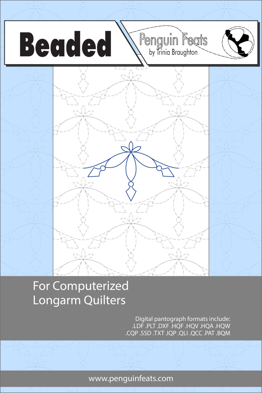 Beaded pattern for computerized longarm quilters with a blue and gray design on a white background.
