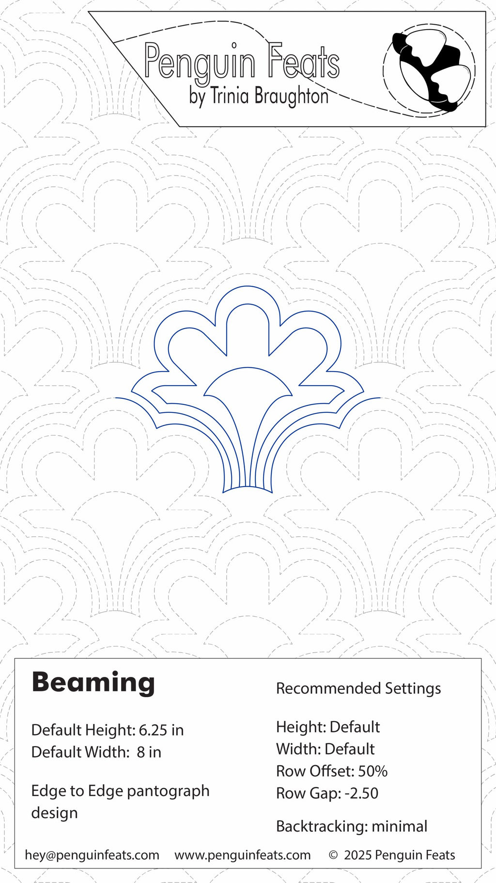 Penguin Feats by Trinia Braughton recommended settings for Beaming design on a white background