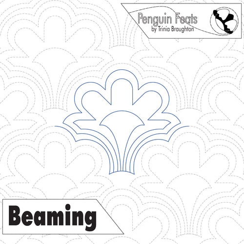 Quilting pantograph pattern with flower scalloped design and 'Penguin Feats' branding.