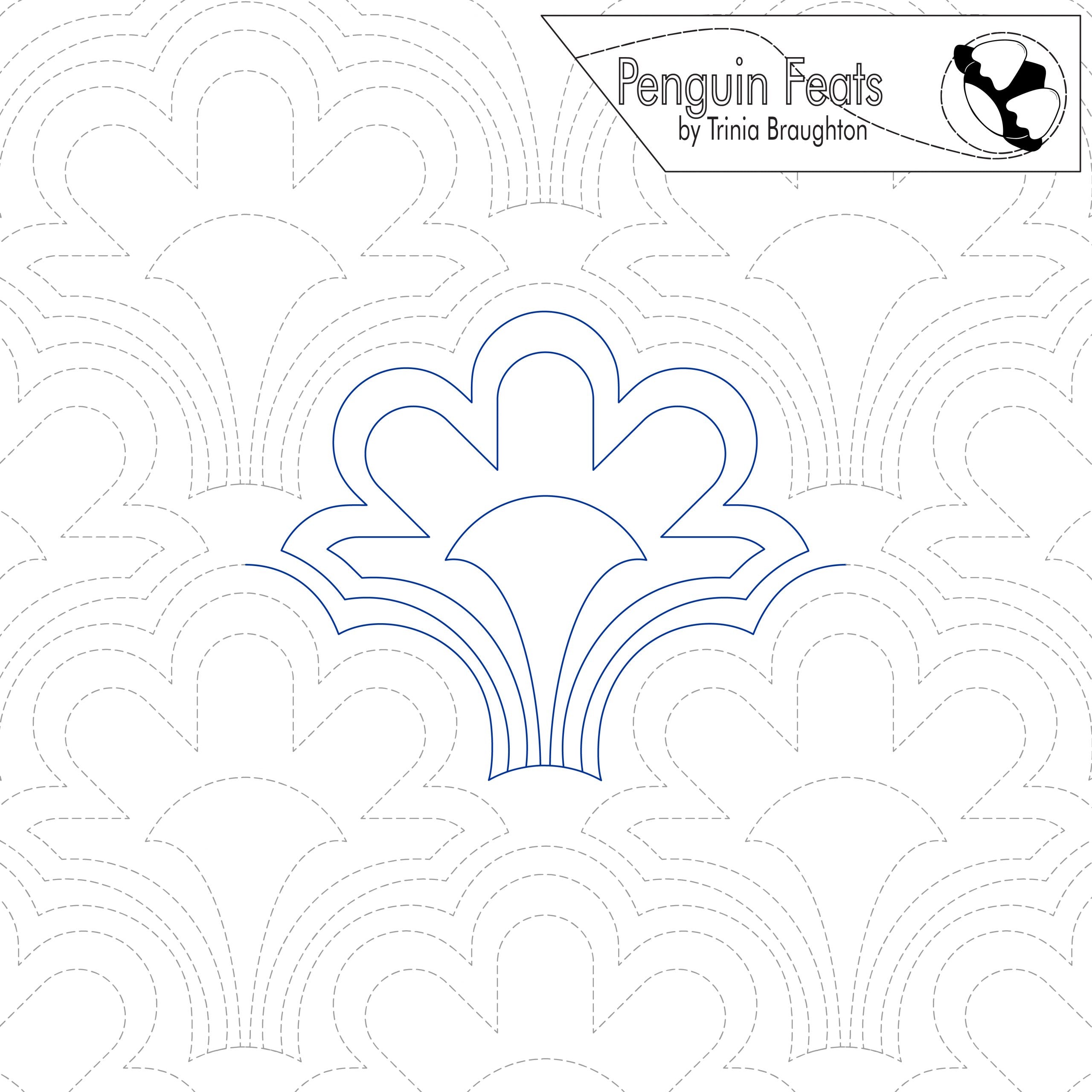 Continuous line pattern of a scalloped floral design and 'Penguin Feats' branding.