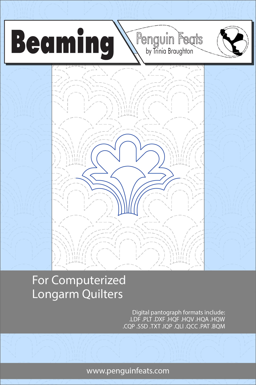 Beaming pattern sheet for computerized longarm quilters with a blue and gray design on a white background.