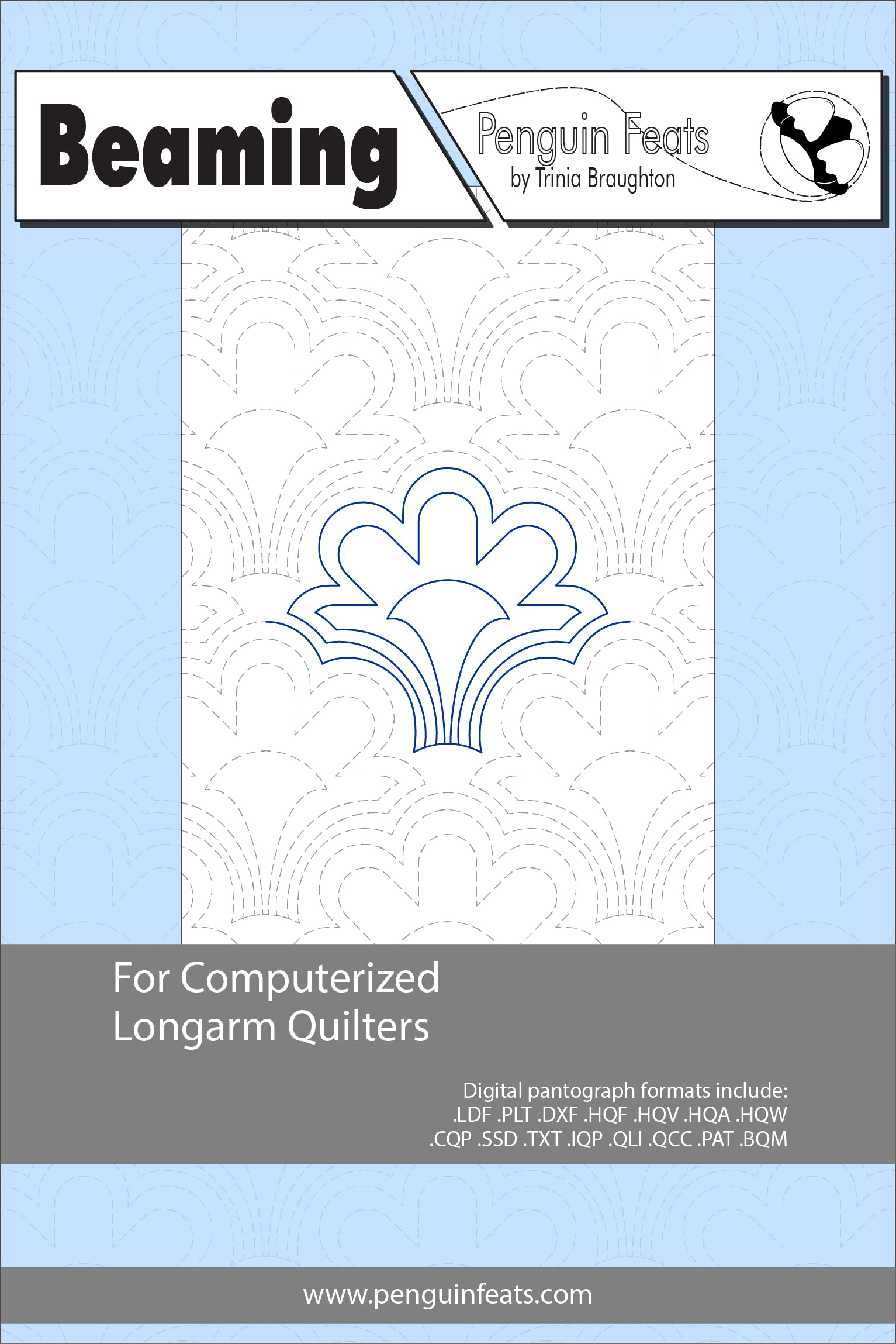 Beaming pattern sheet for computerized longarm quilters with a blue and gray design on a white background.