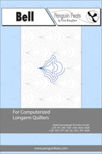 Quilting design sheet titled 'Bell' by Trinia Braughton with a blue and gray design on a light blue background.