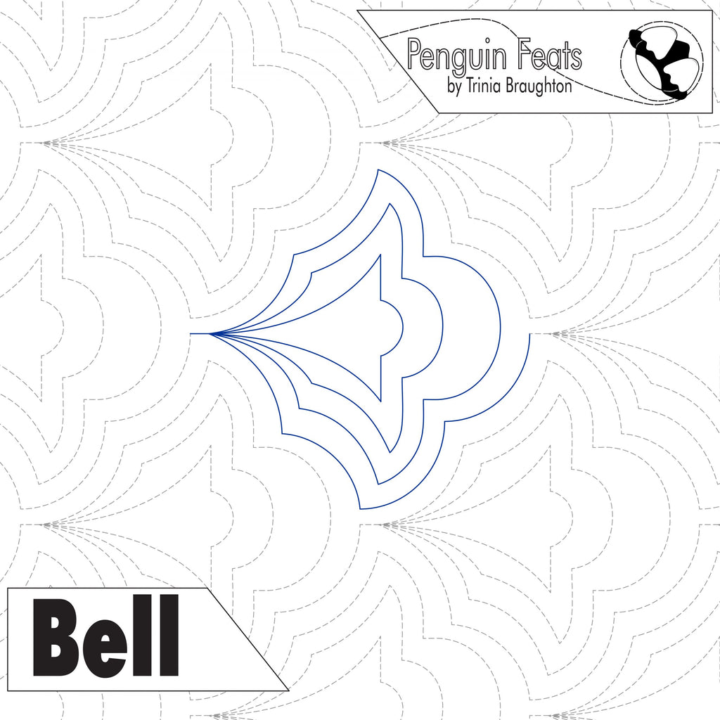 Continuous line design of echoing bell shapes with 'Bell' labeled and 'Penguin Feats' branding.