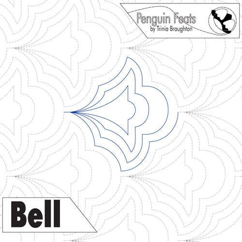 Continuous line design of echoing bell shapes with 'Bell' labeled and 'Penguin Feats' branding.