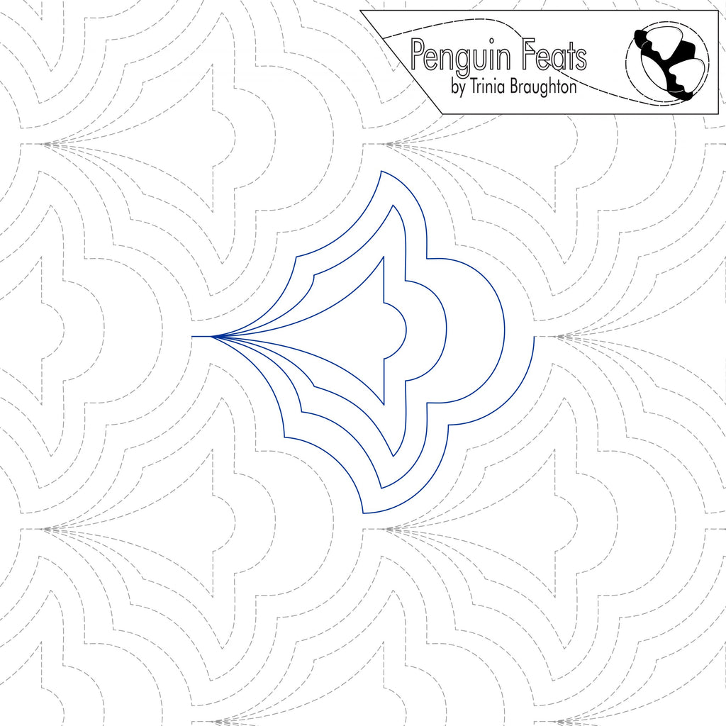 Quilting design with a blue bell-like shape on a white background, featuring the brand 'Penguin Feats' by Trinia Braughton.