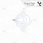 Quilting design with a blue bell-like shape on a white background, featuring the brand 'Penguin Feats' by Trinia Braughton.