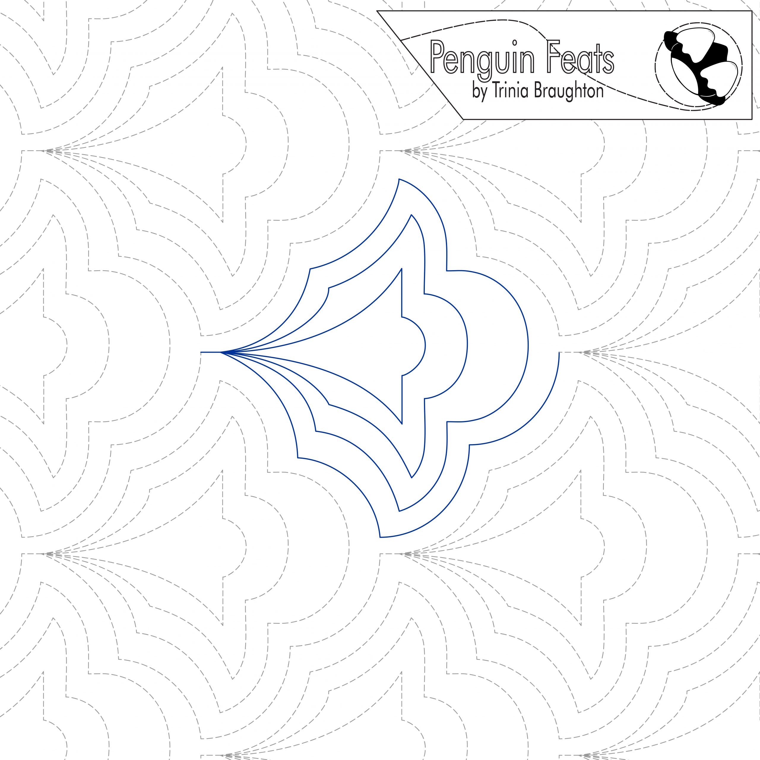 Quilting design with a blue bell-like shape on a white background, featuring the brand 'Penguin Feats' by Trinia Braughton.