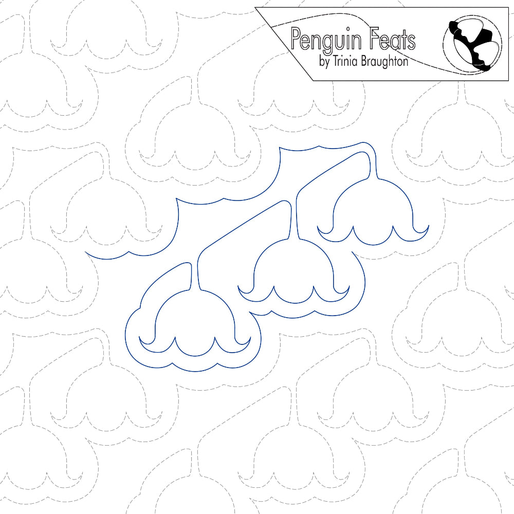 Blue line design of bell flowers on a white background with 'Penguin Feats' branding.