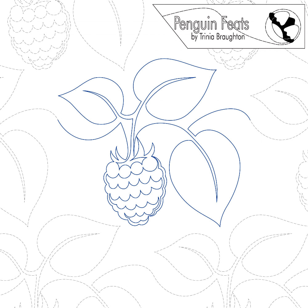 Outline of a raspberry with leaves on a white background, featuring the 'Penguin Feats' logo.