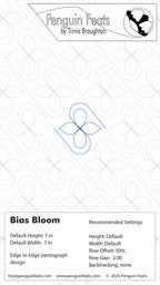 Quilting design pattern for 'Bias Bloom' by Trinia Braughton with recommended settings on a white background.