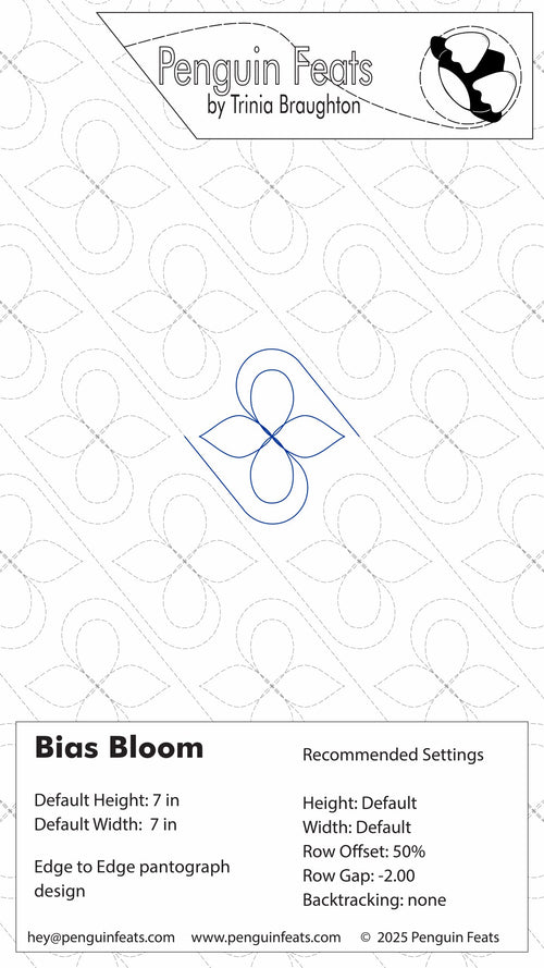 Quilting design pattern for 'Bias Bloom' by Trinia Braughton with recommended settings on a white background.