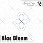 Quilting pattern with 'Bias Bloom' design and 'Penguin Feats' branding.