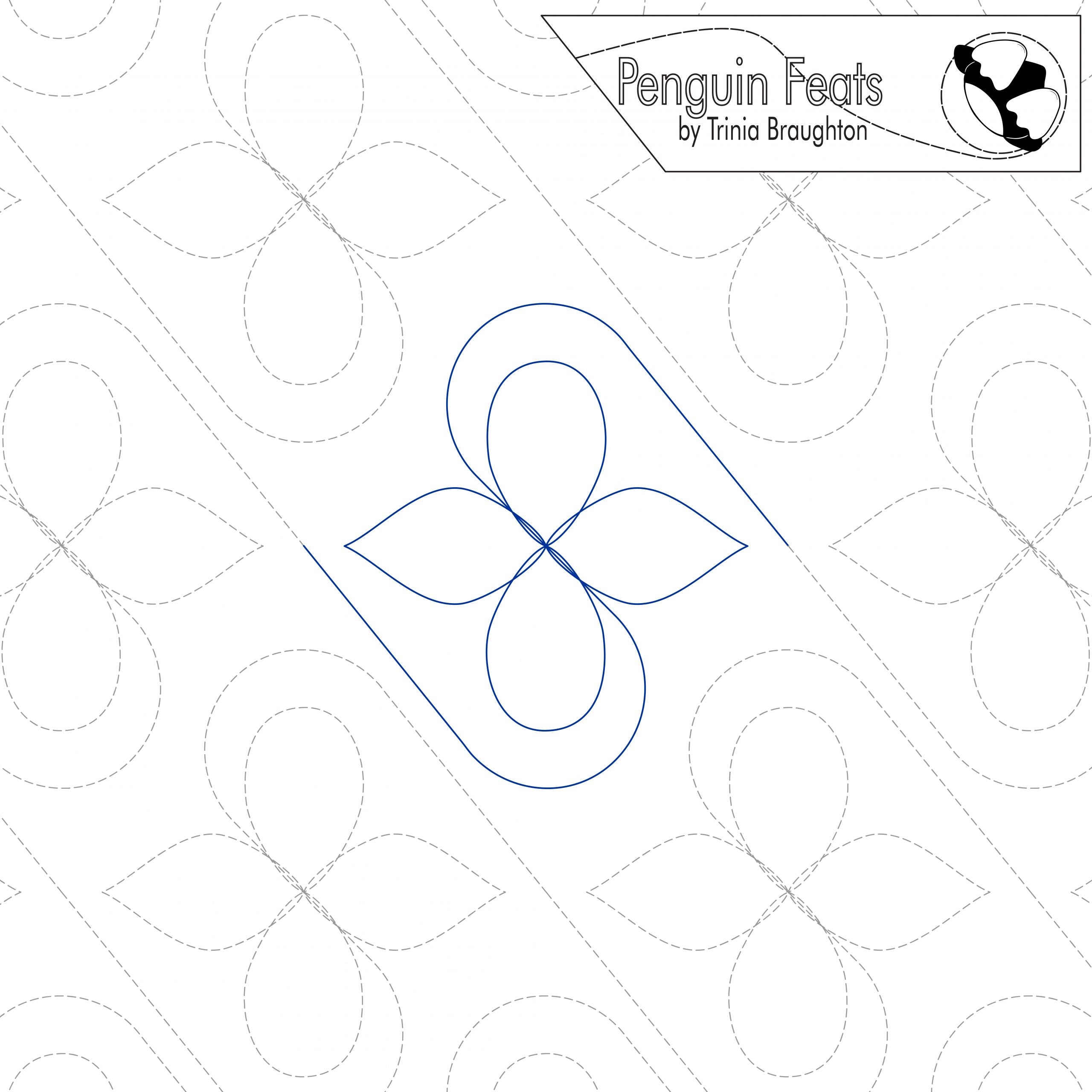 Quilting design with geometric pattern on a white background, featuring 'Penguin Feats' by Trinia Braughton.