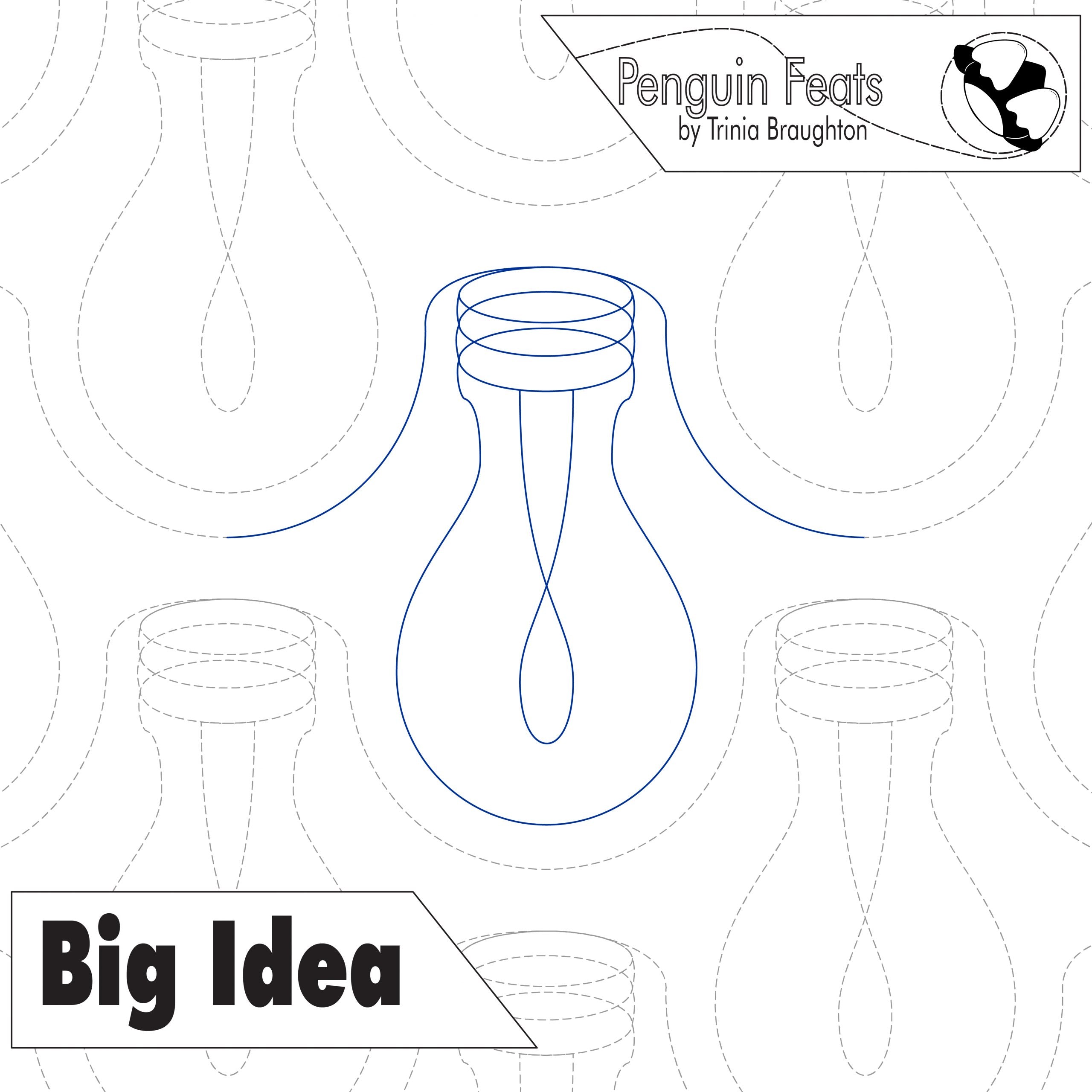 Outline of a lightbulb with 'Penguin Feats' and 'Big Idea' text on a patterned background.