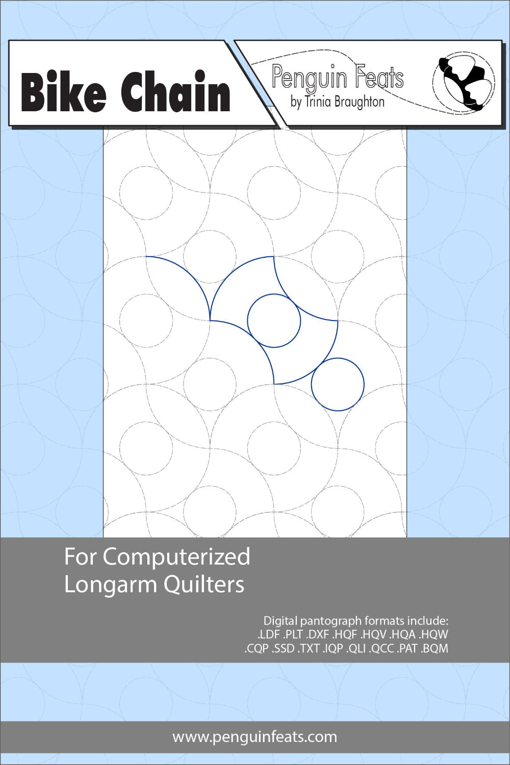 Bike chain pattern for computerized longarm quilters with a blue and gray design on a light blue background.