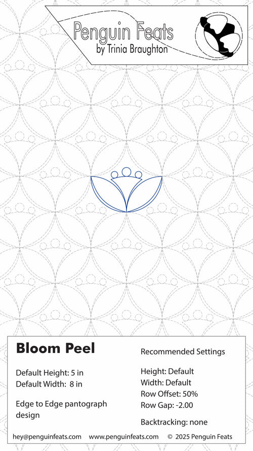Design sheet for 'Bloom Peel' with geometric patterns and text on a white background