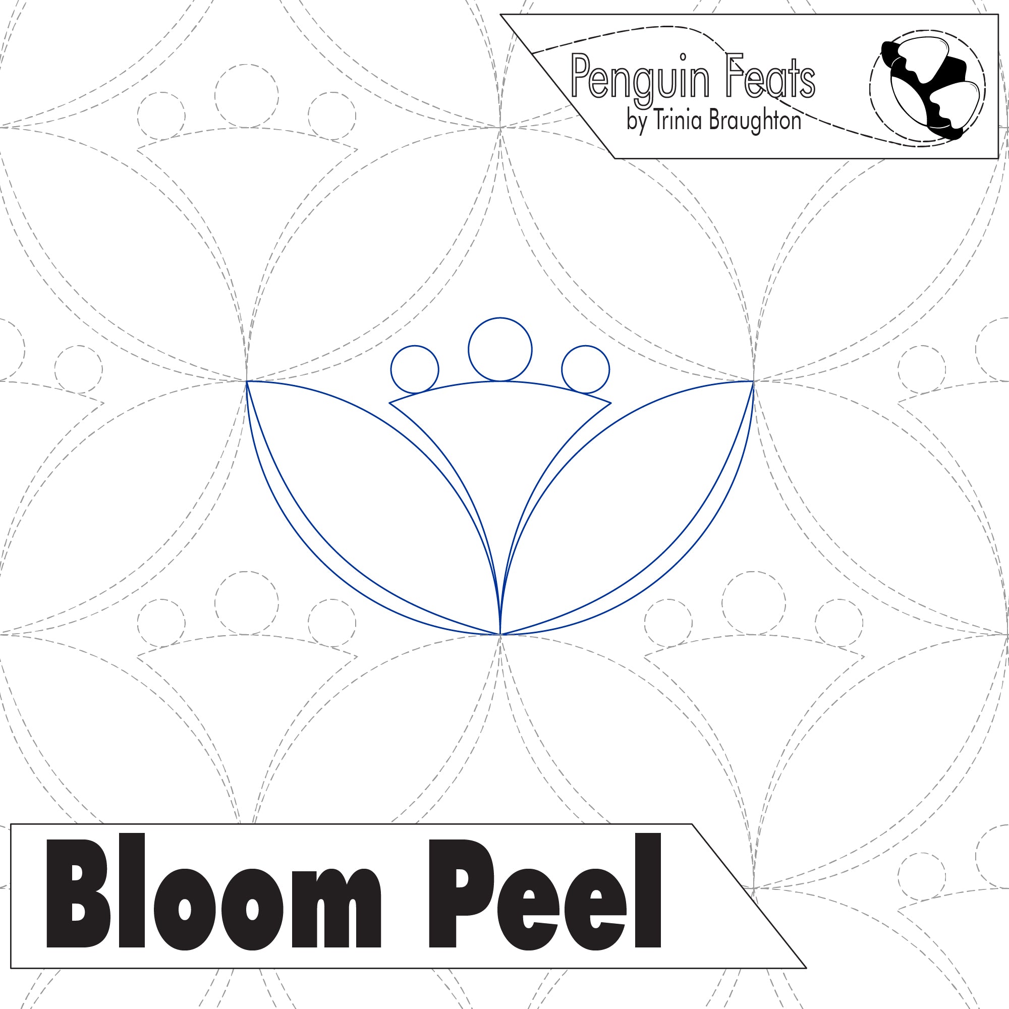 Design of a flower with concentric circles and 'Penguin Feats' branding on a white background.