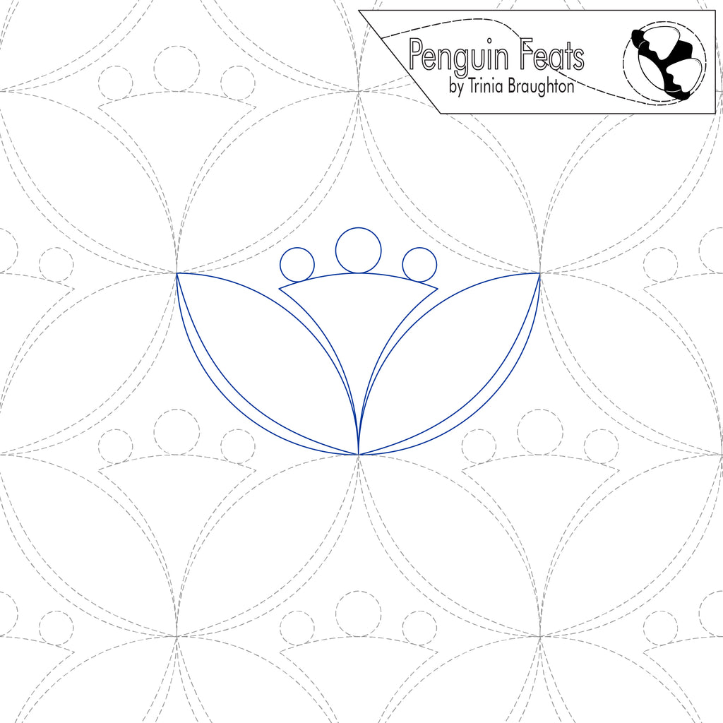 Continuous line design of leaves and flute shape and circles with 'Penguin Feats' by Trinia Braughton in the corner.