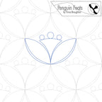 Continuous line design of leaves and flute shape and circles with 'Penguin Feats' by Trinia Braughton in the corner.
