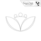 Black and white outline of a orange peel design with leaves and circles on a white background, featuring the 'Penguin Feats' logo.