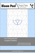 Design sheet for computerized longarm quilters with geometric pattern and branding.