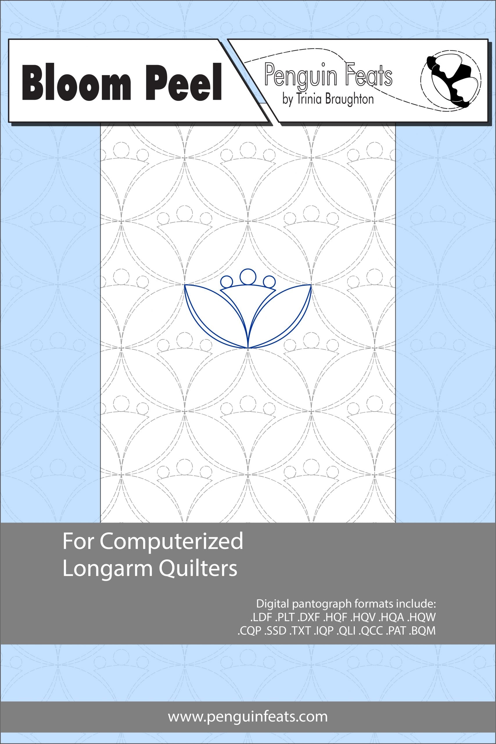 Design sheet for computerized longarm quilters with geometric pattern and branding.