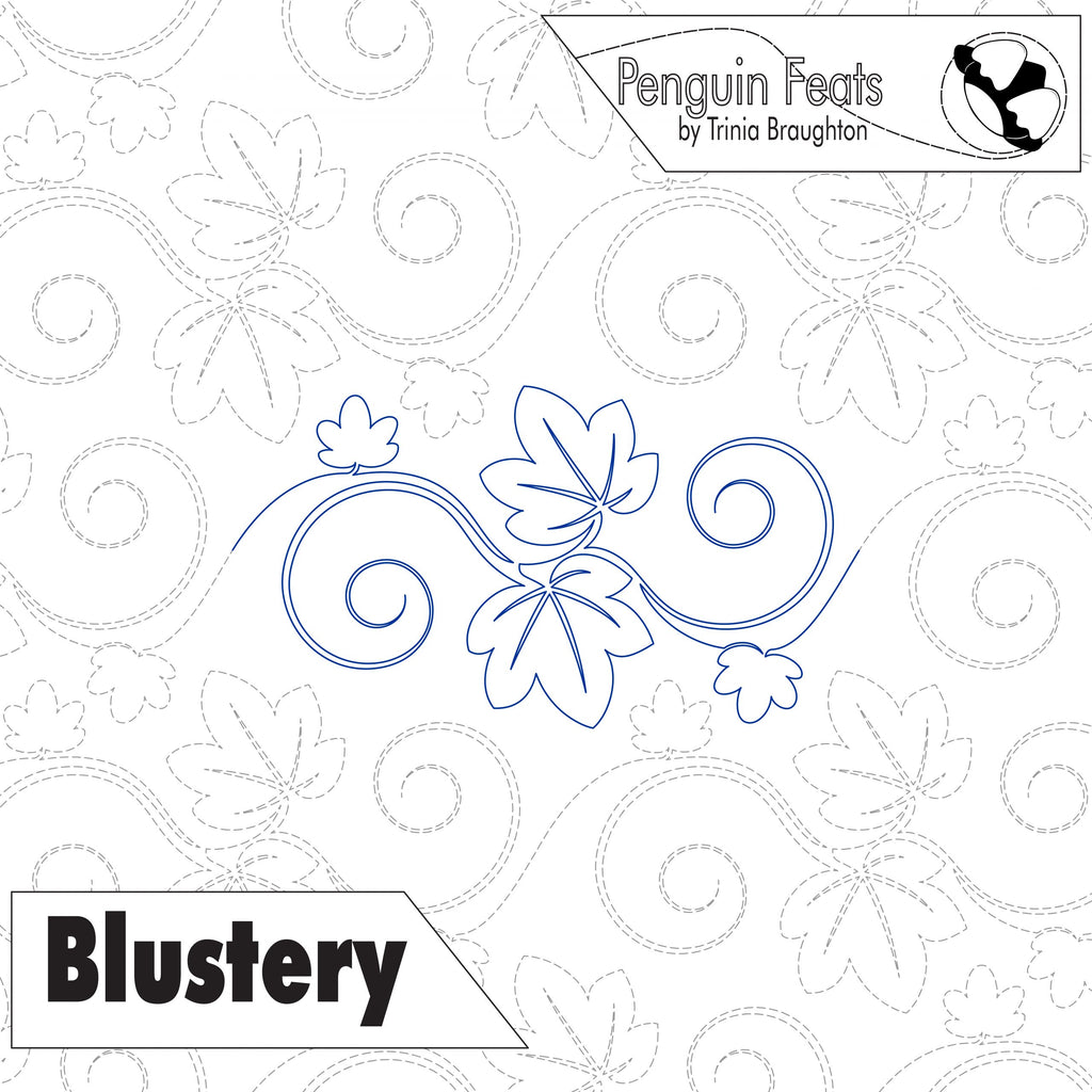 Decorative swirly leaf design with 'Penguin Feats' and 'Blustery' text on a white background