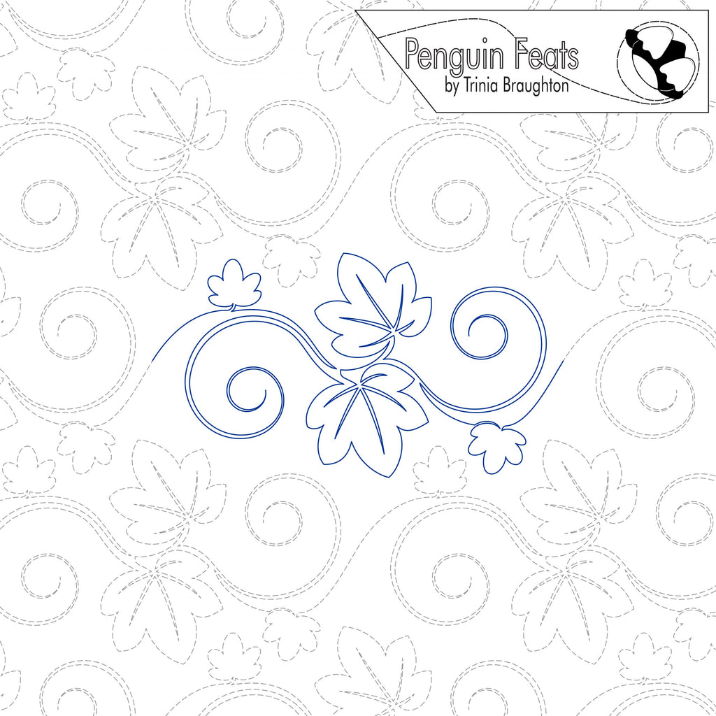 Decorative swirling leaf design with 'Penguin Feats' branding on a white background