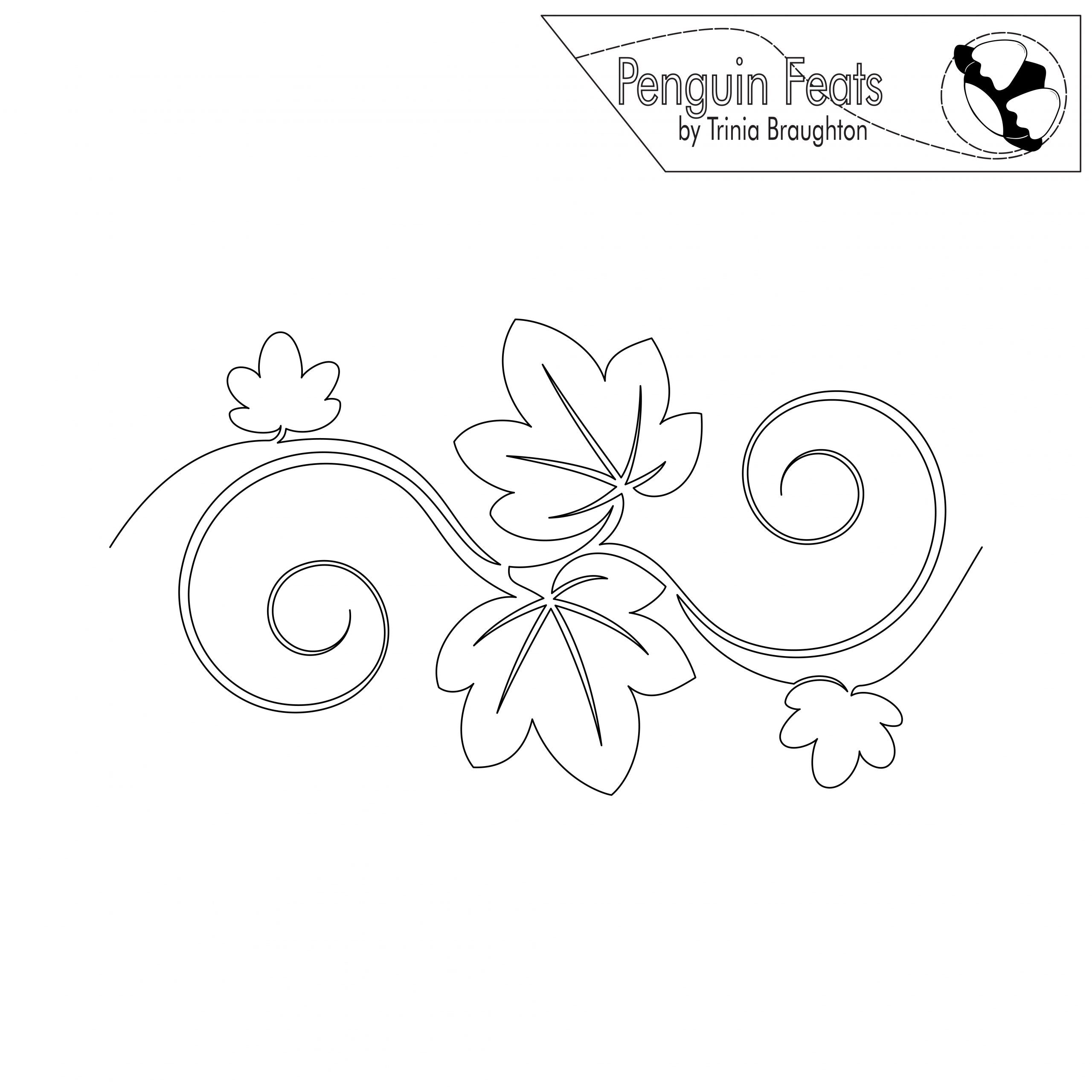 Decorative line drawing with leaves and swirls on a white background, featuring the 'Penguin Feats' logo.