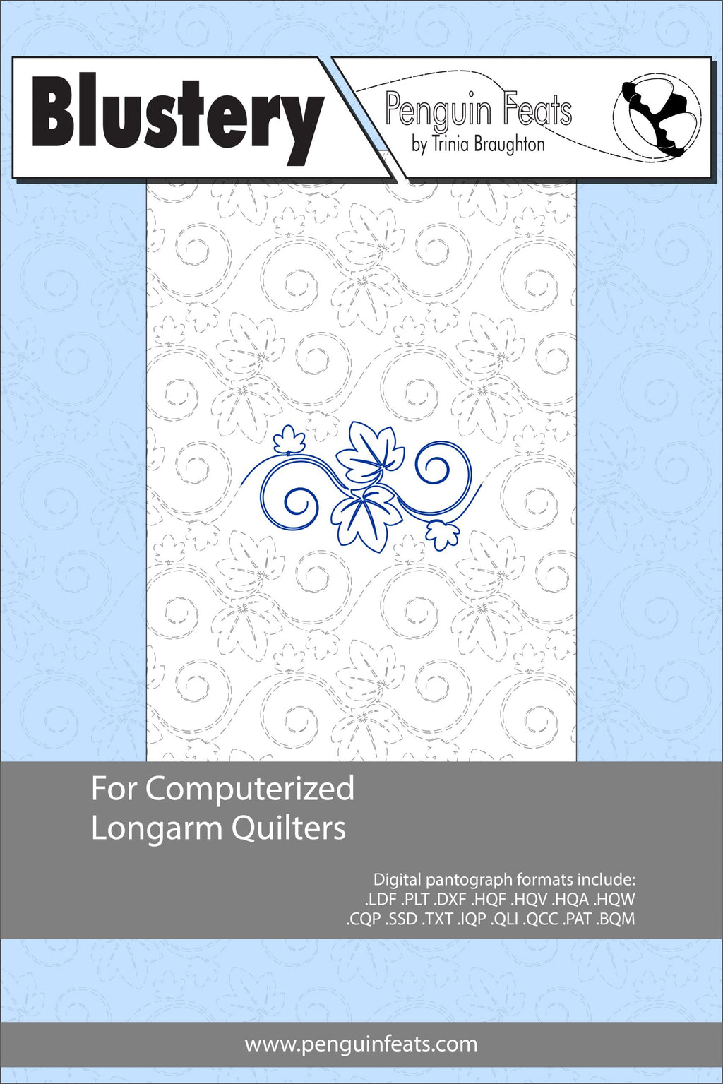Design sheet  Blustery for computerized longarm quilters with a blue and gray design.