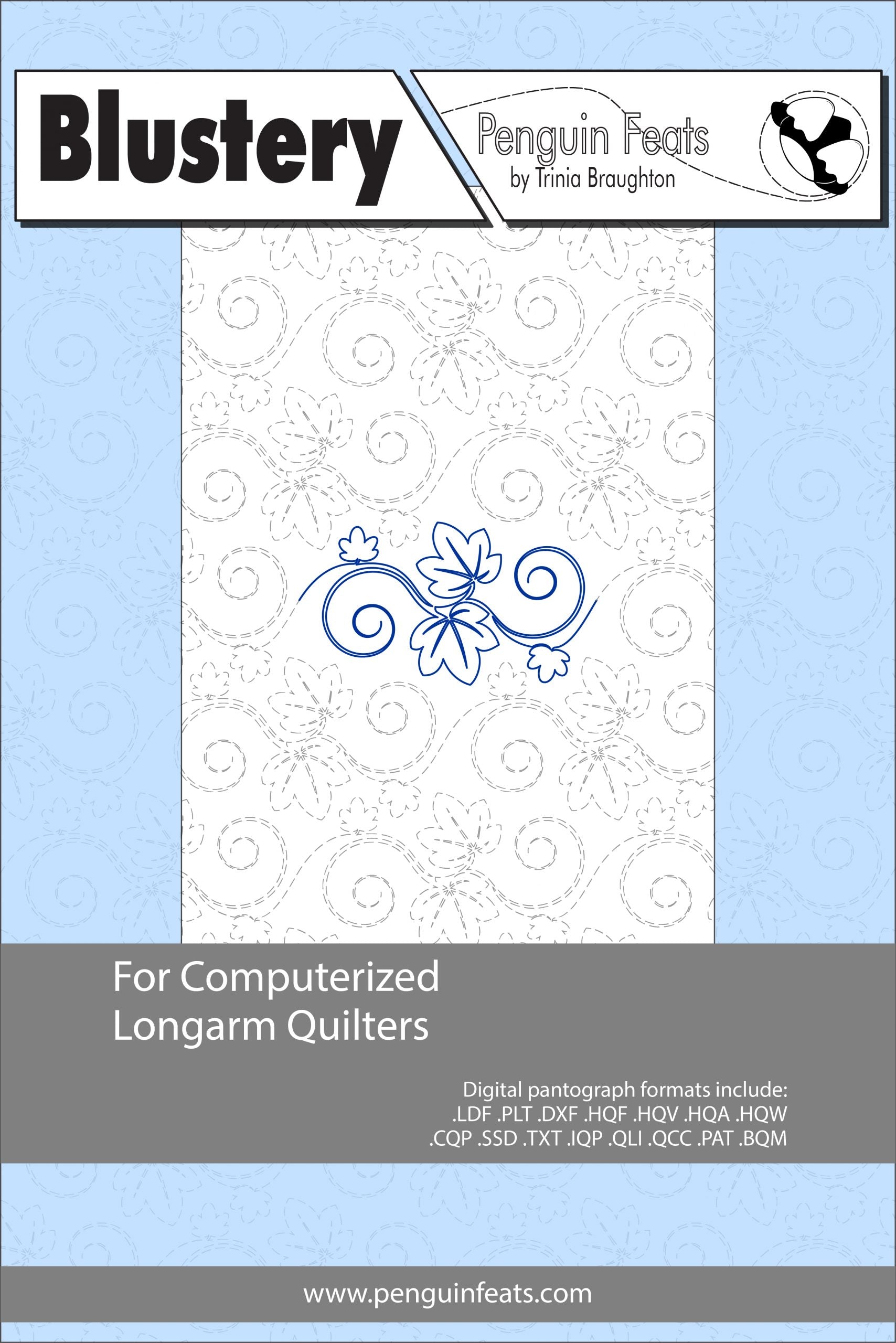 Design sheet  Blustery for computerized longarm quilters with a blue and gray design.
