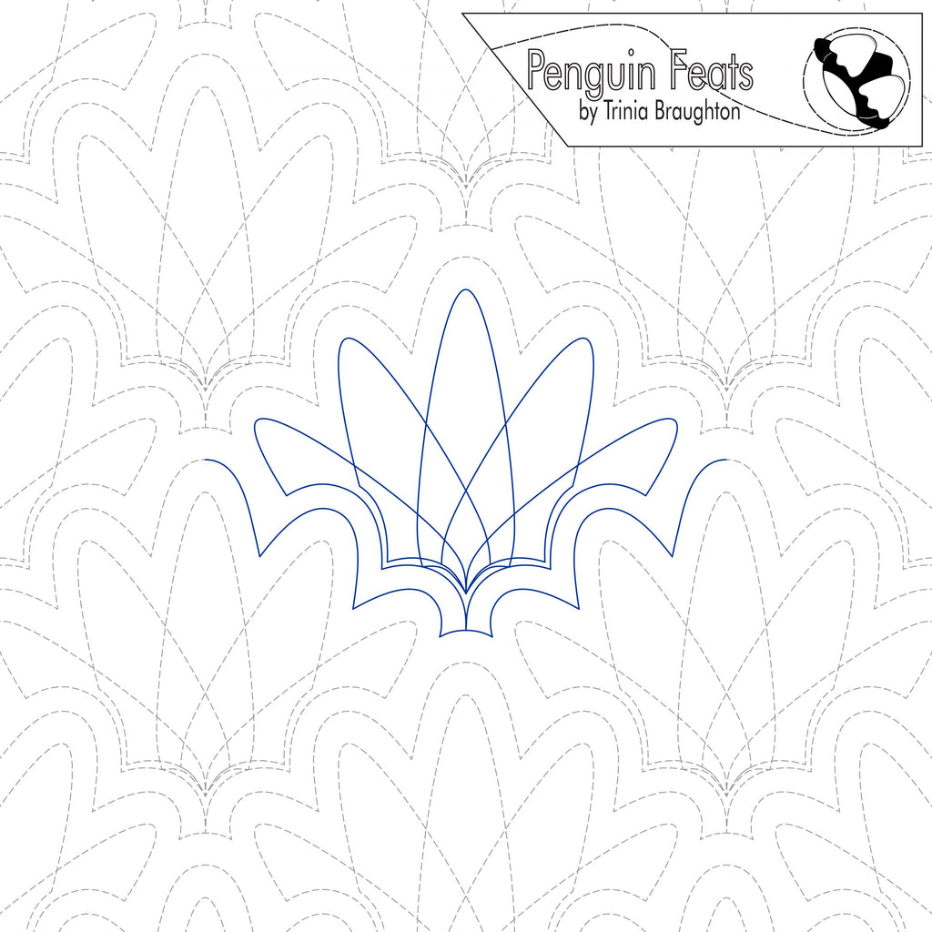 Continuous line design of feather like plumes with 'Penguin Feats' branding at the top.