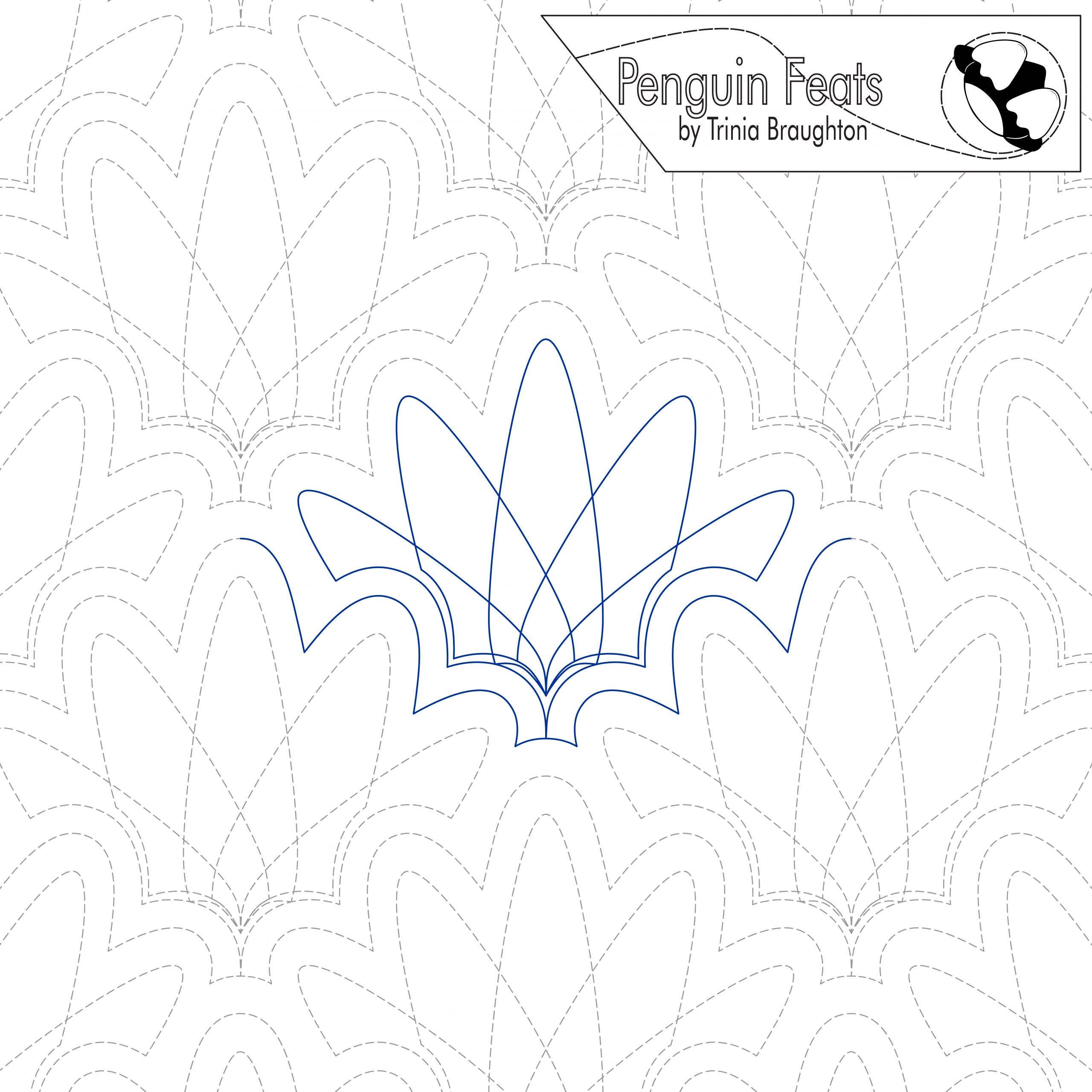 Continuous line design of feather like plumes with 'Penguin Feats' branding at the top.