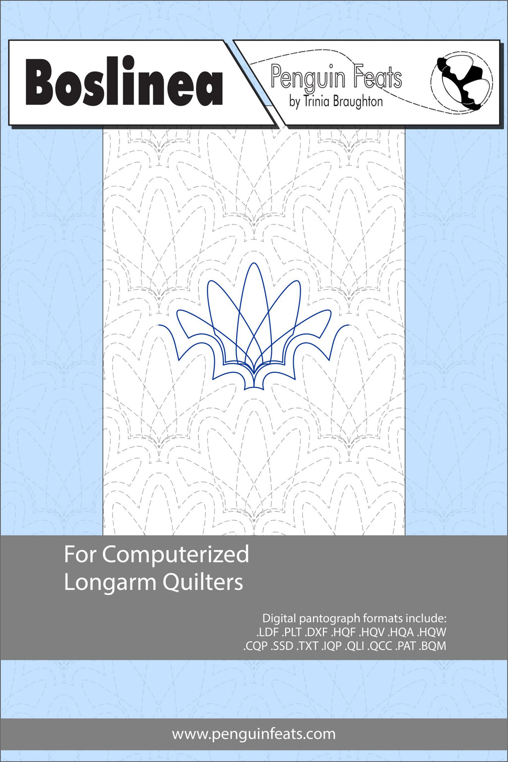 Boslinea pattern for computerized longarm quilters with a blue design on a light gray background.