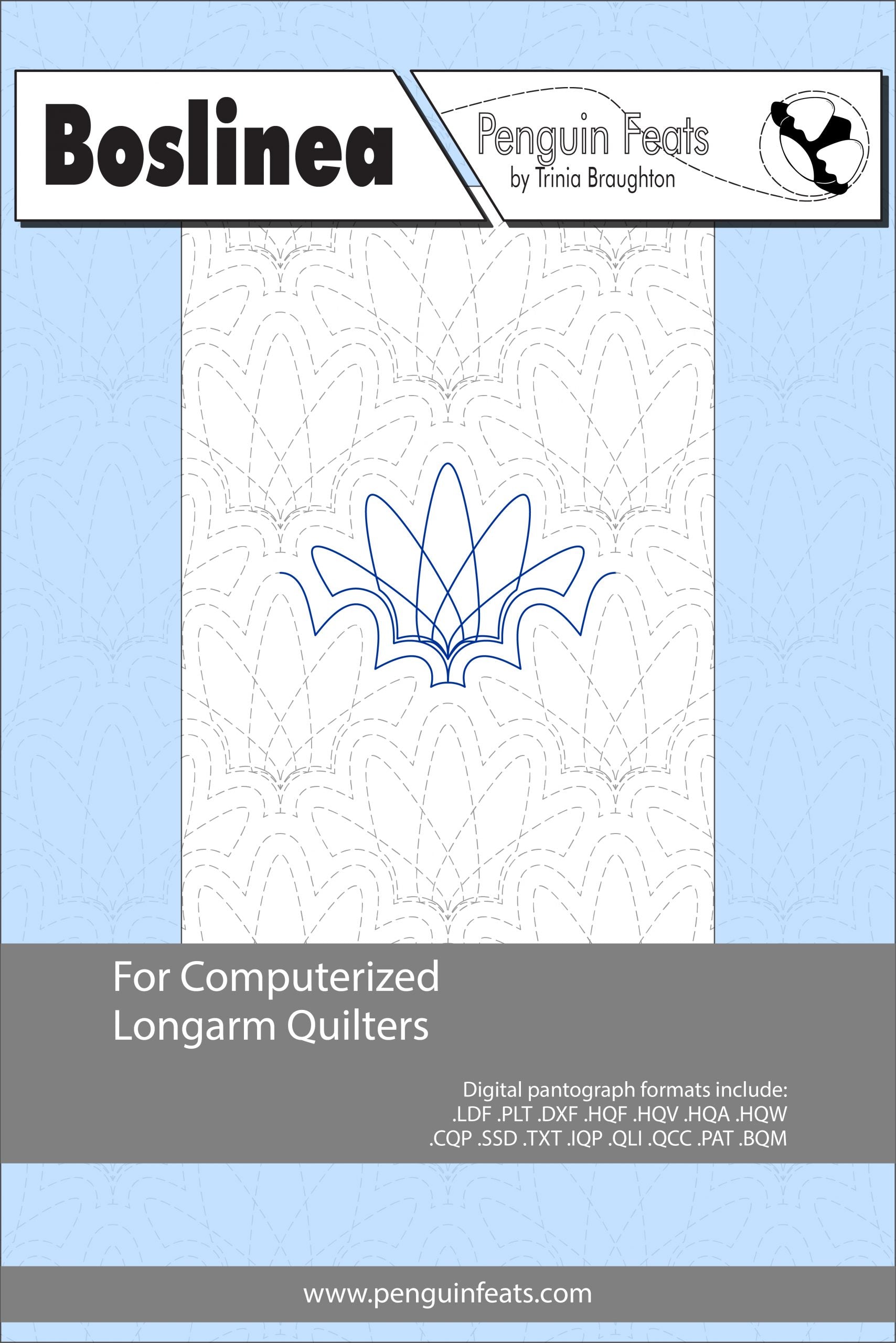 Boslinea pattern for computerized longarm quilters with a blue design on a light gray background.