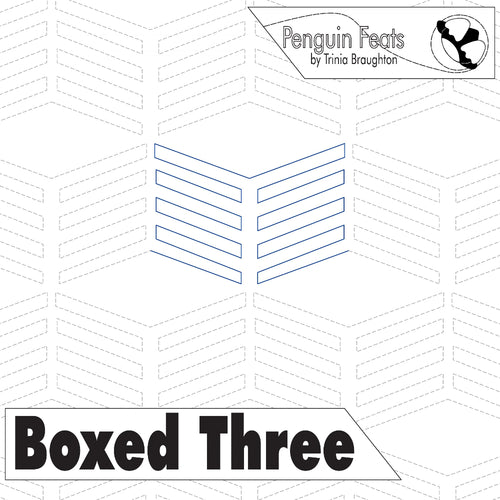 Cover of 'Boxed Three' by Penguin Feats with geometric design and text.