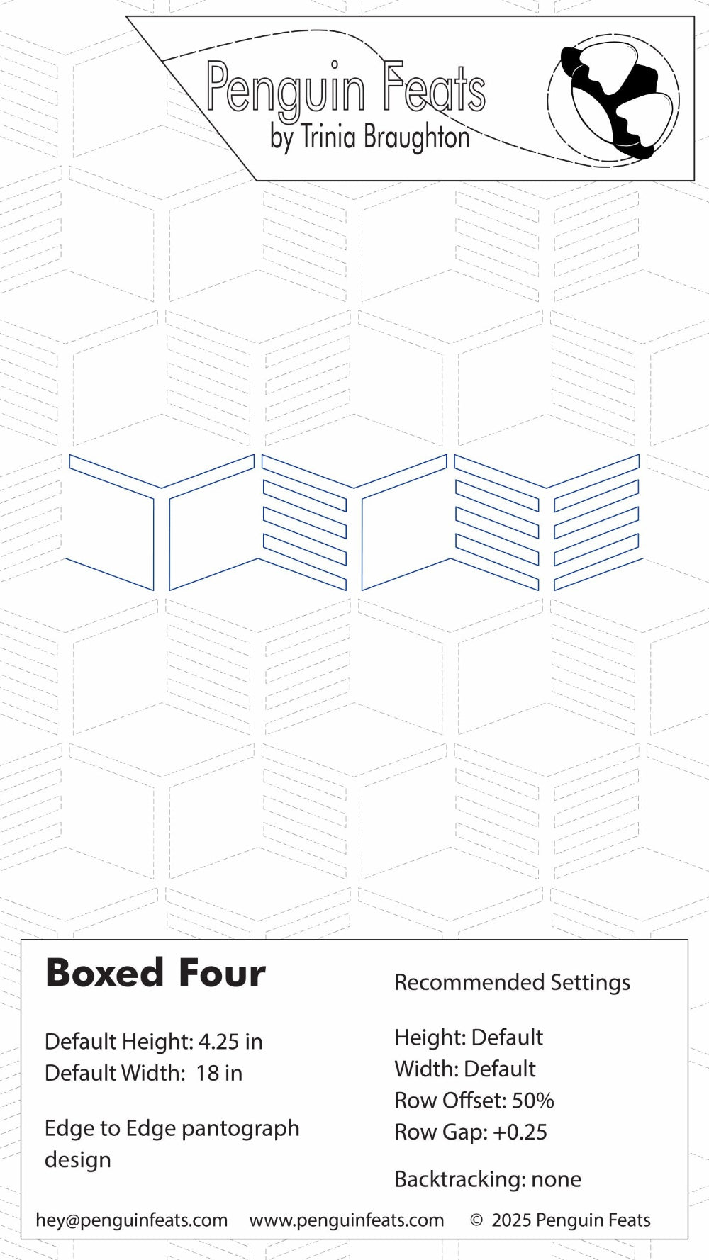 Design settings for Boxed Four design with dimensions and settings on a white background