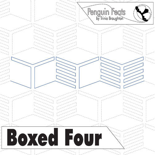 Continuous line design of  'Boxed Four' by Penguin Feats with geometric design and text.