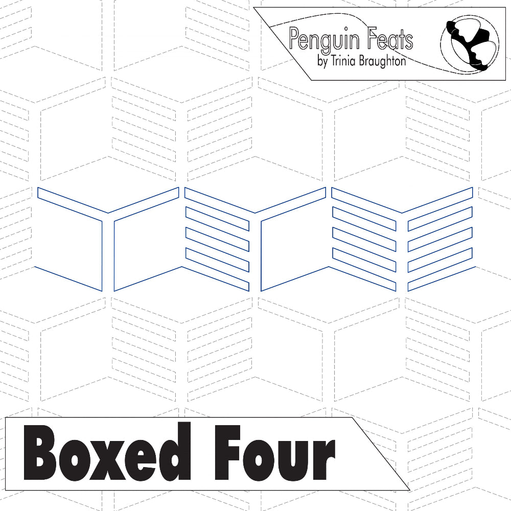 Continuous line of 'Boxed Four' by Penguin Feats with geometric design and text.