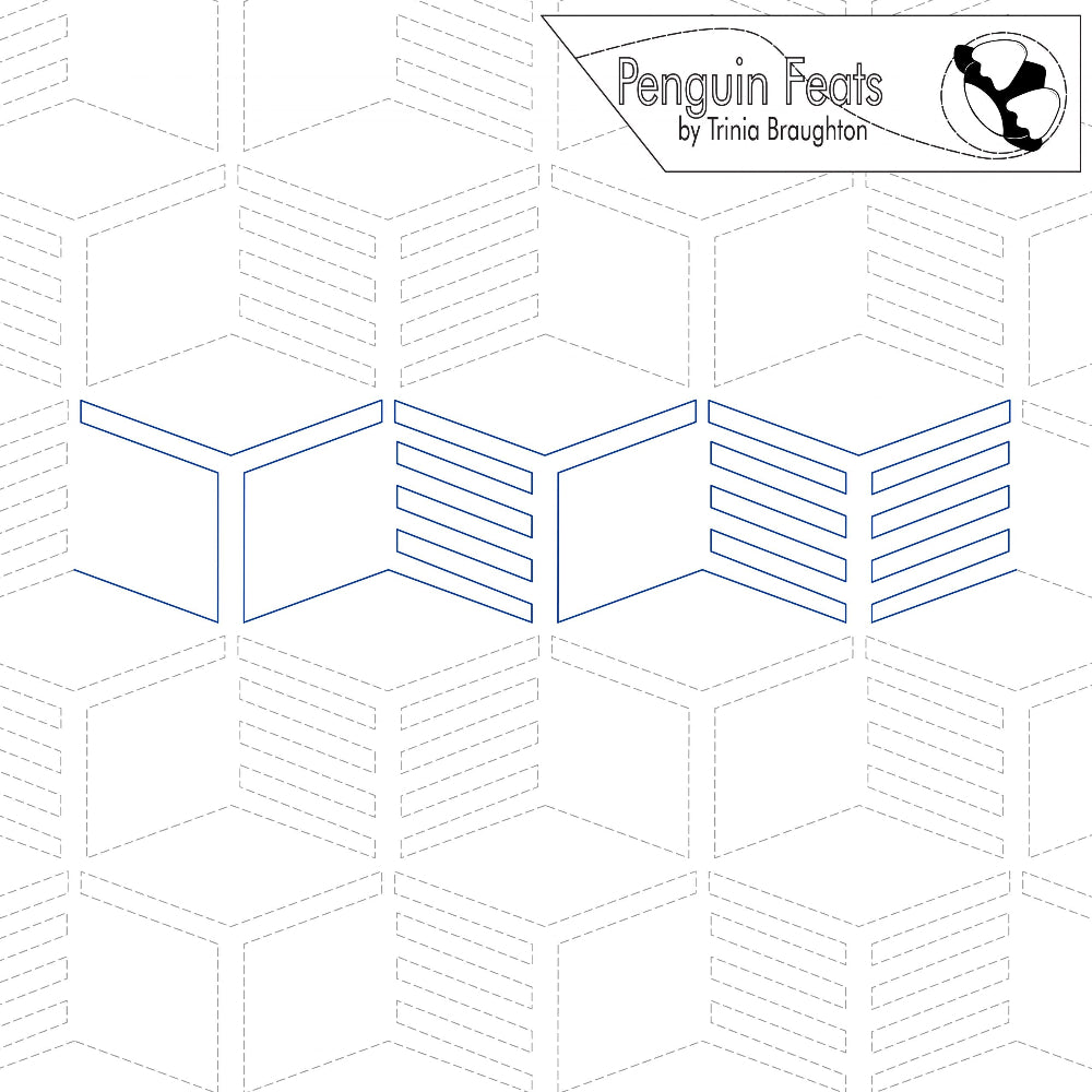 Geometric pattern with stacked shapes and 'Penguin Feats' branding at the top.