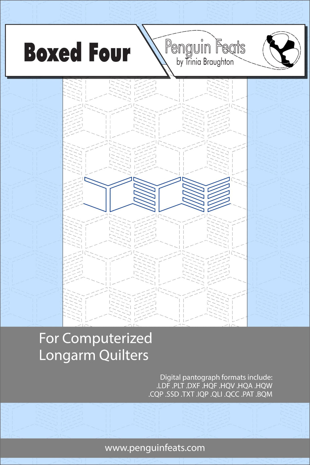 Design info for computerized longarm quilters with a blue and gray background