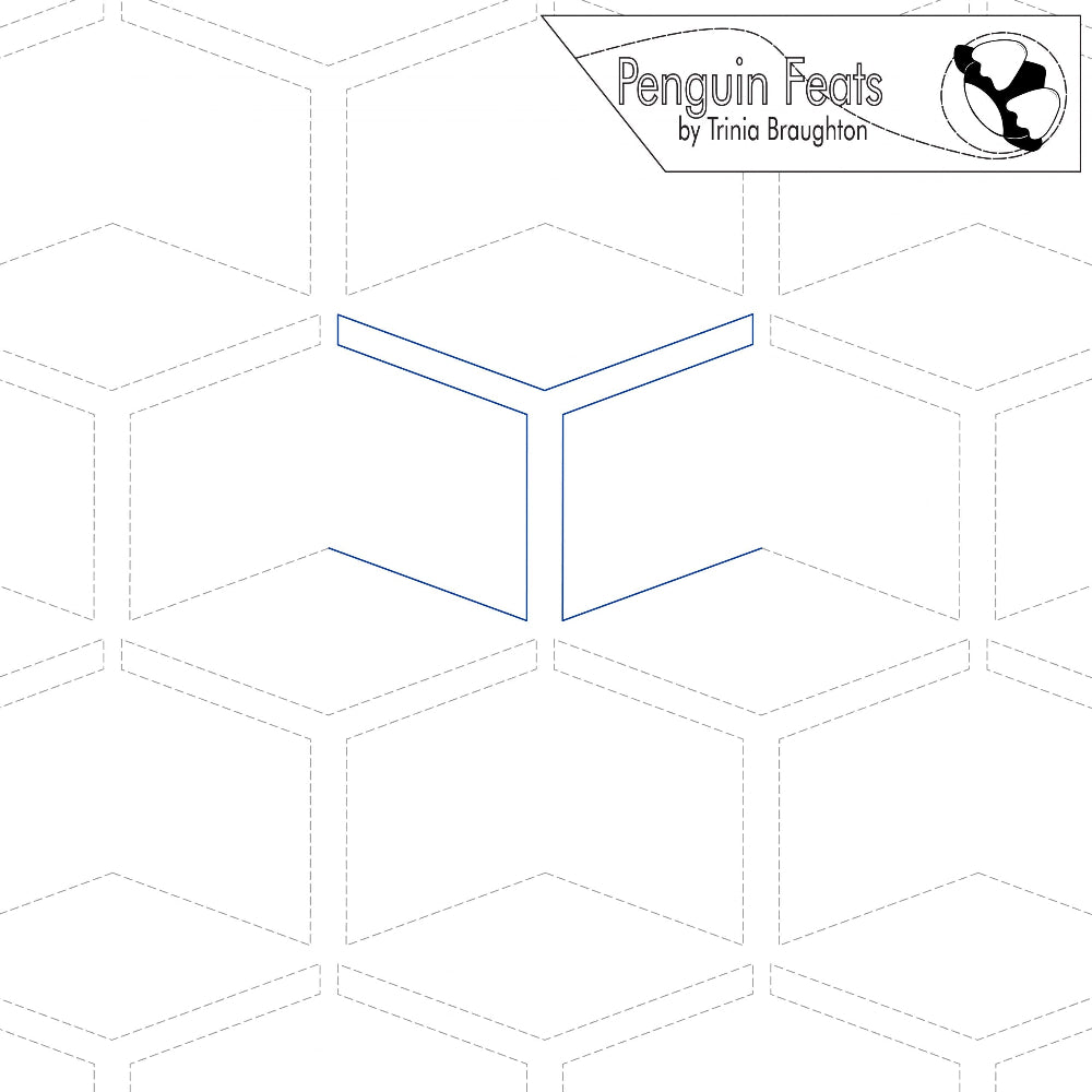 Boxed digital quilting design in blue line   featuring the 'Penguin Feats' logo.