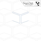 Boxed digital quilting design in blue line   featuring the 'Penguin Feats' logo.