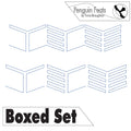 Continuous line in blue of a boxed set with 'Penguin Feats' logo and text at the top.