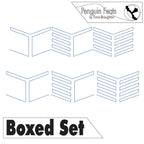 Continuous line in blue of a boxed set with 'Penguin Feats' logo and text at the top.